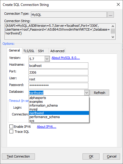 Configuring the MySQL connection string. The Northwind database in this MySQL instance is named "northwind".